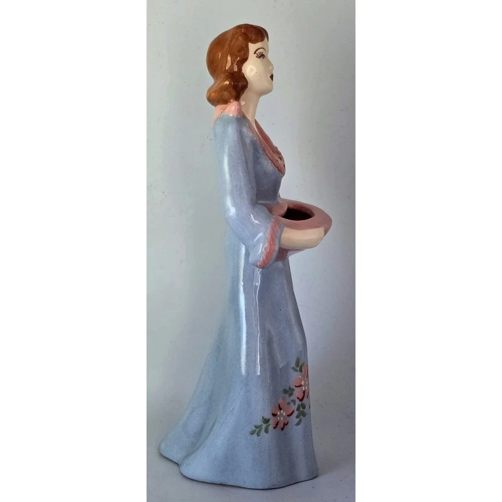 Vintage Lady Vase Blue Dress Pink Floral 1940-50's Weil Ware California 3053 MCM